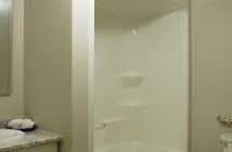 The bathrooms are modern and, in the accessible suites, have a counter that a wheelchair can roll beneath