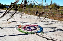 A found object art installation outside the Huntsville Train Station