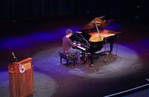 Lochlan Stead plays piano during the Algonquin Theatre Behind-The-Curtain tour