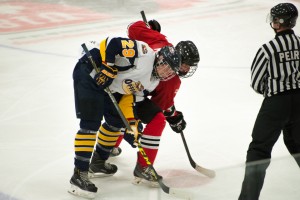 Myles York gets set for the drop of the puck during an action-packed second period on Friday night