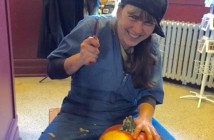 Pam Carnochan does her best impression of Jason, knife and all.