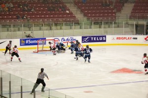 Édith D’Astous-Moreau sprawls across the net to make one of her incredible 49 saves for Quebec