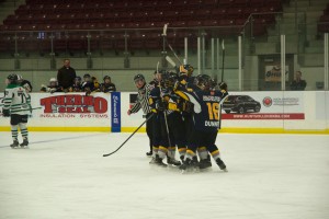 The Otters celebrate a game-tying goal early on Sunday morning