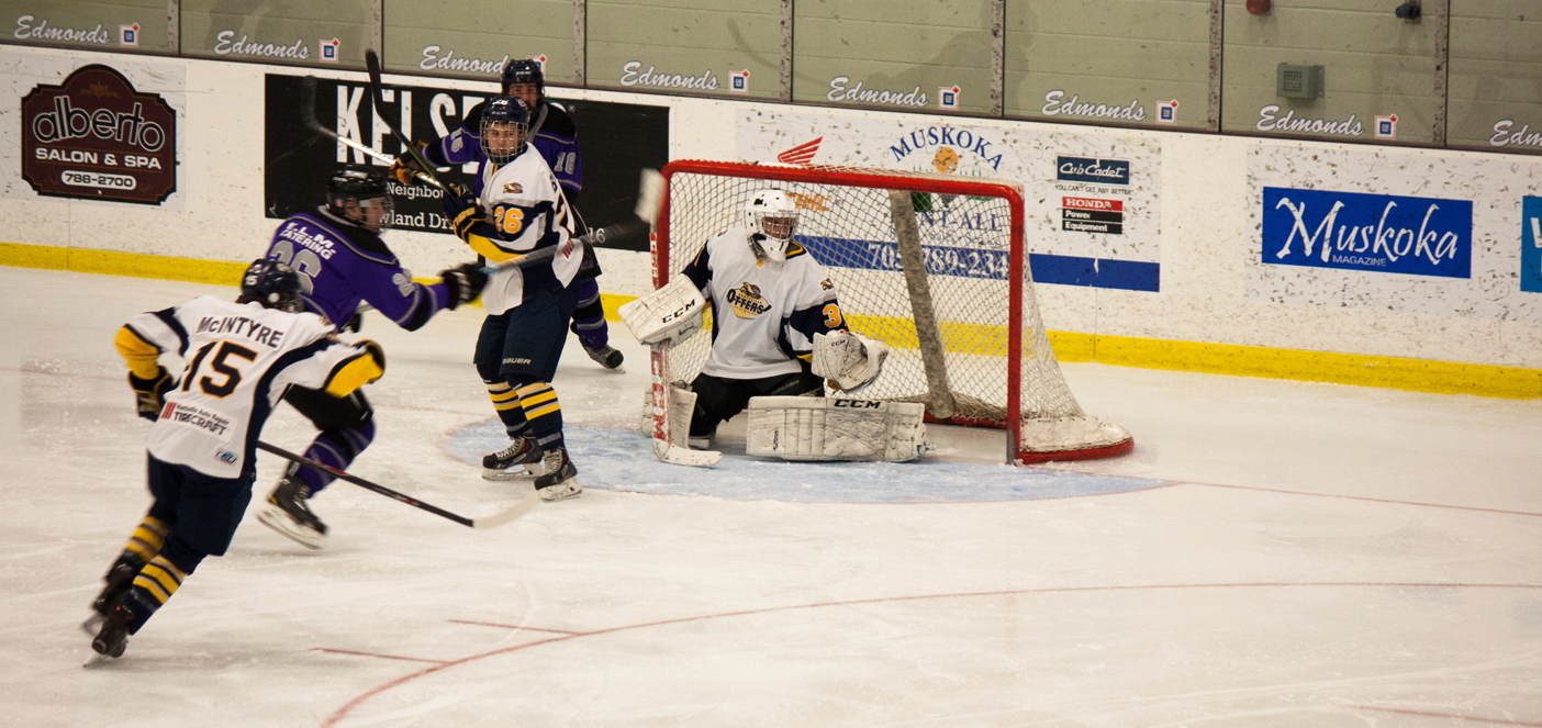 Goaltender Nathan Antonides kicks aside a shot en route to a 31-save shutout in his Otters debut