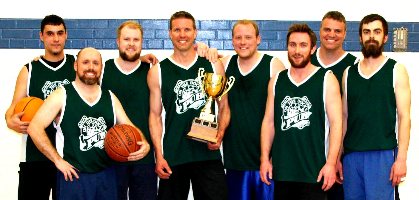 Muskoka Men’s Basketball League champions On The Docks Pub (from left) Albert Kashap, Marc Bonitatibus, Nathan Jenner, Ross Clarke, Terry Barber, Breandan Roche, Iggi Van Kooten, Oliver Wolfe