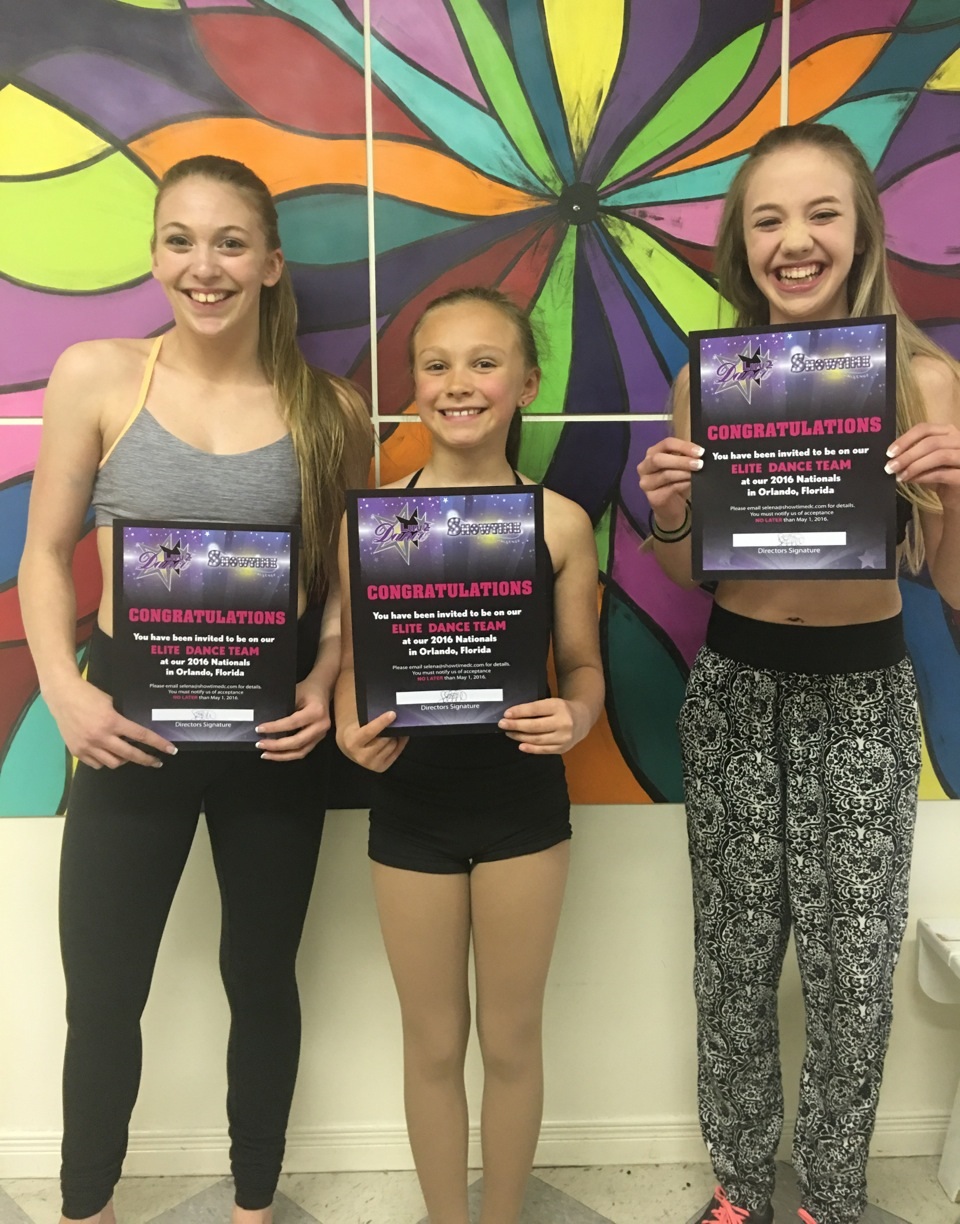 (From left) Alexus Banks, Bella Main, and Ashley Nadrofsky were selected by judges for the LUV2DANCE 2016 Elite Dance Team in Orlando, Florida