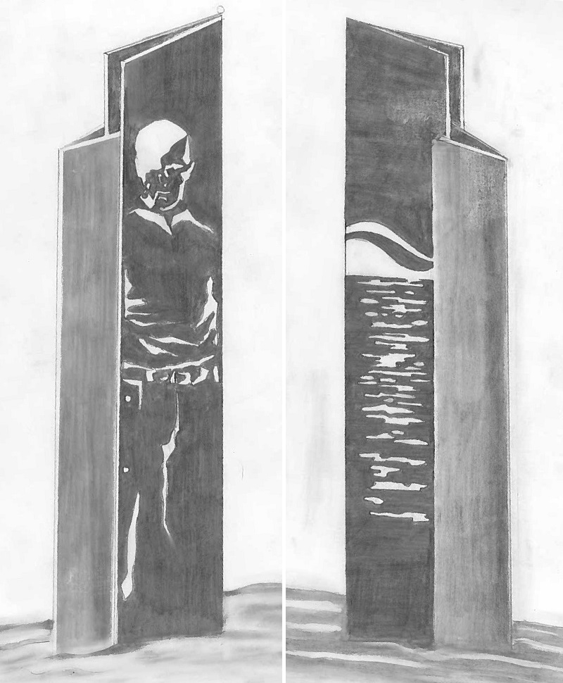 An artistic rendering of Pipe Man. One on side will be the likeness of Tom Thomson (left), on the other waves representing Pipefusion's 35 years