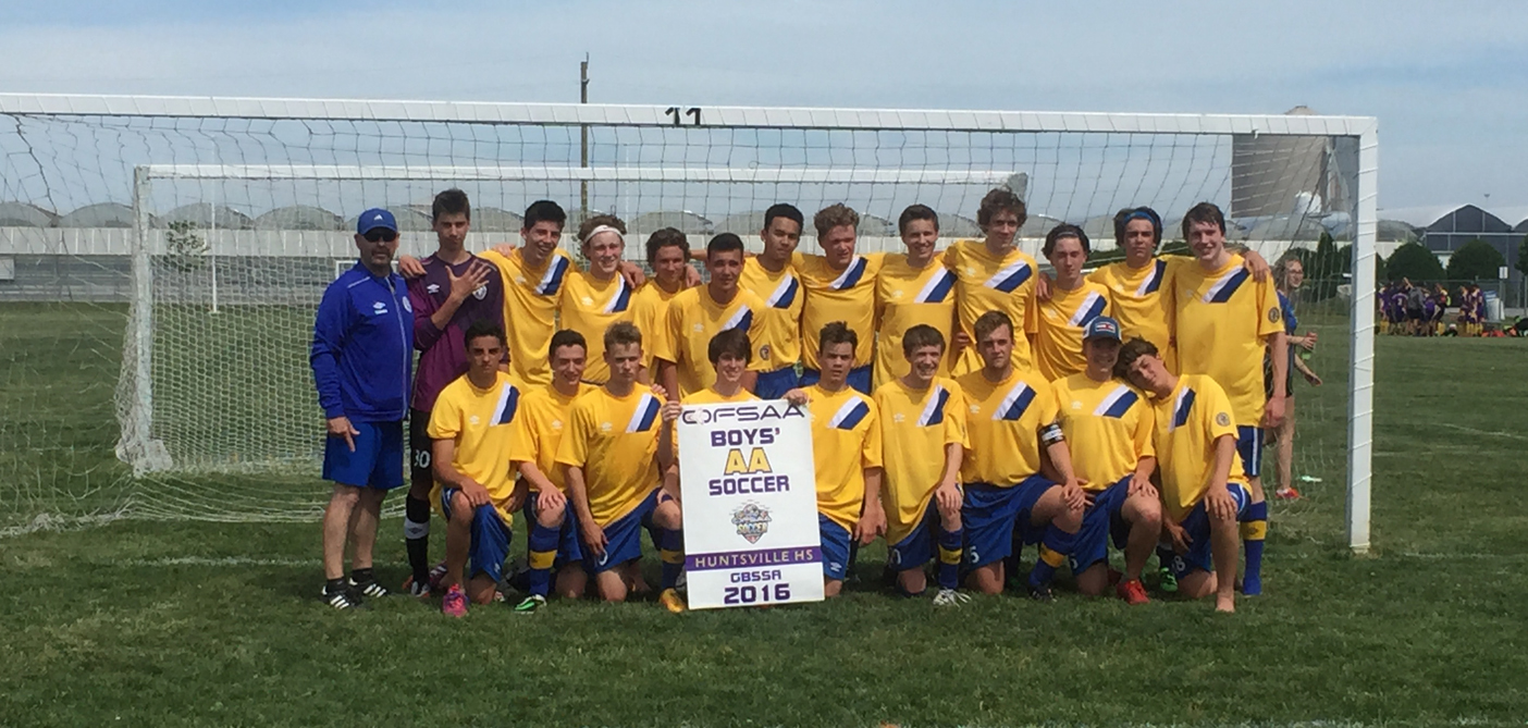 The senior boys soccer team celebrates their second OFSAA tournament in the past three years (Photo courtesy of Veronica Parent)