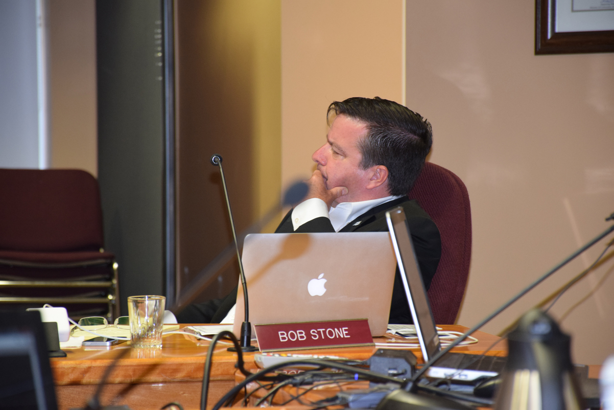 Councillor Bob Stone looking rather concerned as he questions staff about the trees that were removed from River Mill Park.