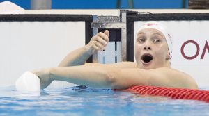 The iconic photo of Penny Oleksiak looking up to the scoreboard for the first time as an Olympic champion (Photo courtesy of Mark Blinch / Canadian Olympic Committee)