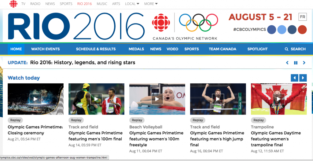 A screen shot of the Olympics homepage on cbc.ca, complete with links to live and pre-recorded events, schedules, updated medal counts and in-depth features on athletes
