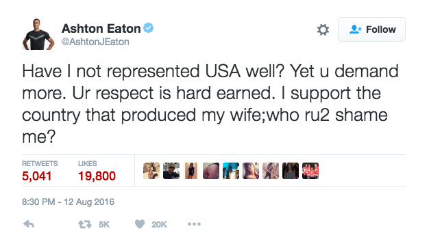 Ashton Eaton responds to online critics through his Twitter accound