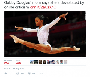 Gabby Douglas has had to endure online racism, misogyny and hate throughout the Olympic Games, despite being a repeat gold medallist for Team USA