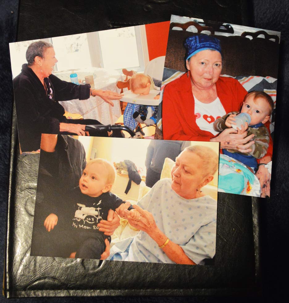 (Top left) When the cancer started to affect my mother's mobility, she would simply sit at the table with my son to feed him breakfast; (top right), she gave him his first bottle; (bottom) this picture is so hard for me to look at. She was admitted into Hospice that day but as you can see my son still lit up her world. 