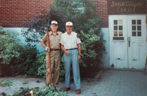 Dennis Stokoe and Ernie Runham trimming bushes outside Club 55