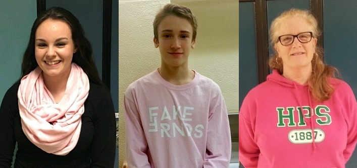 (From left) Tayler Horton, Seth Cooper and HHS VP Kelly Picken all participated in Pink Shirt Day to raise awareness about bullying