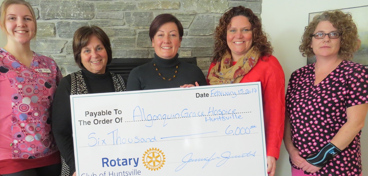 (From left) Braedi Waymouth, RN, Hospice Huntsville; Bev Lashbrook, Hospice Huntsville Executive Director; Jennifer Simpson, Rotary Social Committee Chair; Jennifer Jerrett, Rotary Club of Huntsville President; Terri Pellerin, Lead PSW, Hospice Huntsville