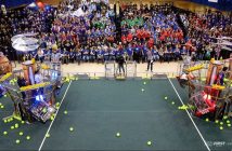 The playing field at the end of a match. Hoya Robotics 4152 is at front left. (Photo: FIRST Robotics Canada)