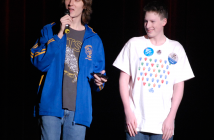 Doug Nadrofsky and Morghan Kiverago talk robotics while the judges tally the scores