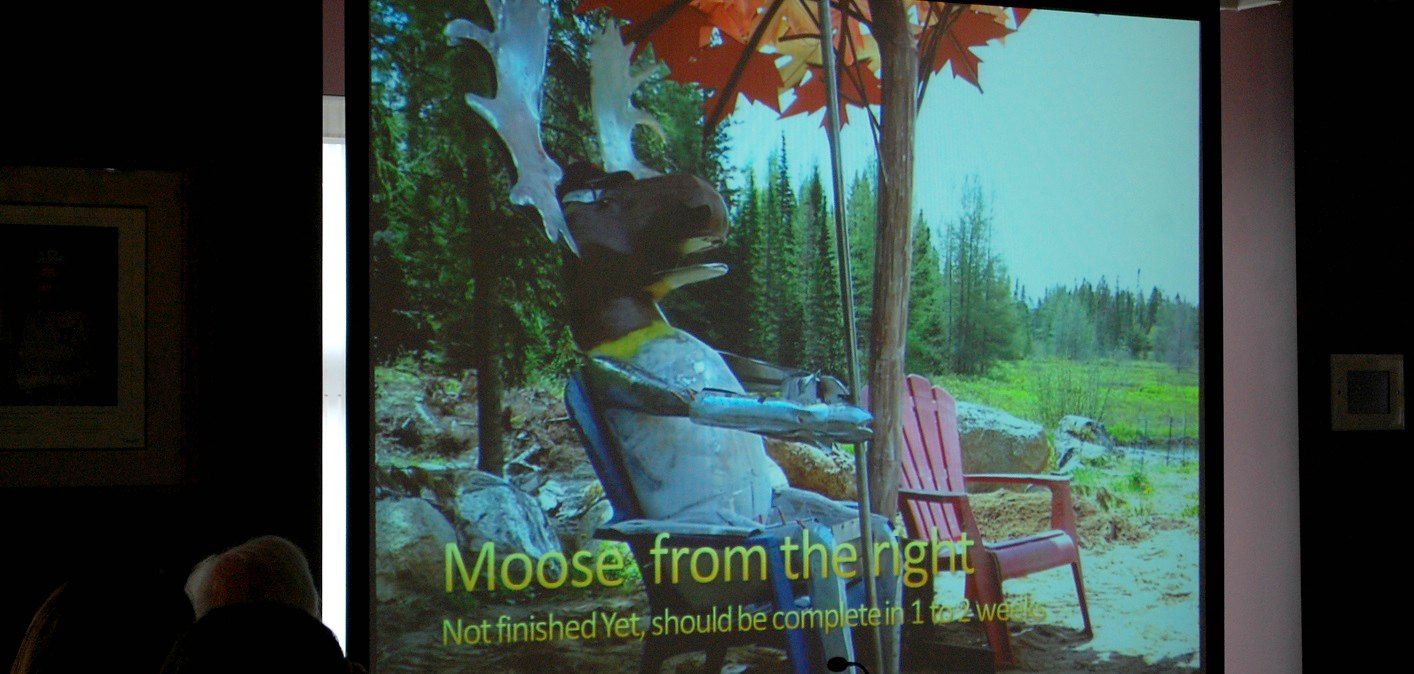 This not-quite-complete sculpture of a moose beneath an umbrella of maple leaves is the work of Dan Gudmundson, who wants to gift it to the Town of Huntsville