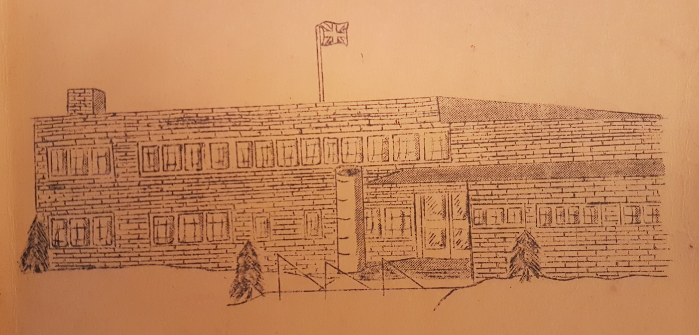 A drawing of the Brunel Road entrance to HHS from the 1958-59 yearbook