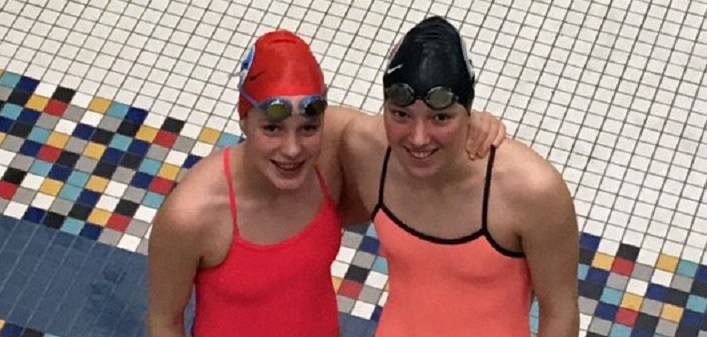 MUSAC swimmers Caroline Lewitt and Allyson Goldring at Eastern Nationals. Missing: Mark Cox. (Submitted photo)