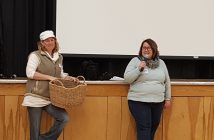 Organizers Sarah Roberts and Emma Platts-Boyle get ready to draw names for an iPad