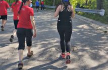 Dogs are welcome at Band on the Run, as long as they are leashed and under control. This pooch got a break on the 5K run.