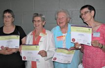 Fairvern volunteers (from left) Anita Denney (25 years), Kathleen Mitchell (35 years), Helen Austin (35 years), and Lyla Peterkin (25 years) received awards for their volunteer service