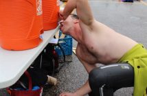 The lack of cups didn't stop Nick Musters from re-hydrating.