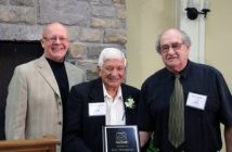 Kenneth Donald (l) and Tom Conlin (r) welcome Ken Thompson to the Hall of Fame as an 'Athlete'.