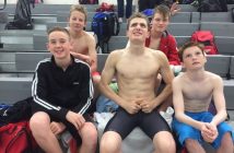MUSAC swimmers (back from left) Ian Markham, Mark Cox; (front from left) Owen Jibb, Daniel Ortiz, and Ethan Thomas