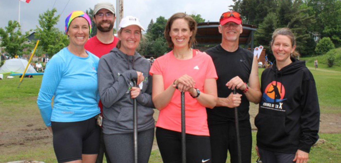 ‘Steve and the Fearless Females’ (from left) Jane Wolfe, coach Chris Near, Justine Brown, Rebecca Francis, Steve Norman and Deanna Lavigne completed 13 laps in the grueling Algonquin Outfitters 24-hours of River X challenge.