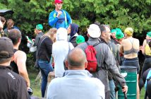 TriMuskoka co-director Rich Trenholm pumps up the swimmers pre-race