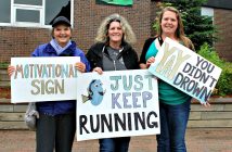 (From left) Helen Mansur, Carole Nicholl and Laura Leach provide motivation (and humour!) for Jon Nicholl from Mississauga
