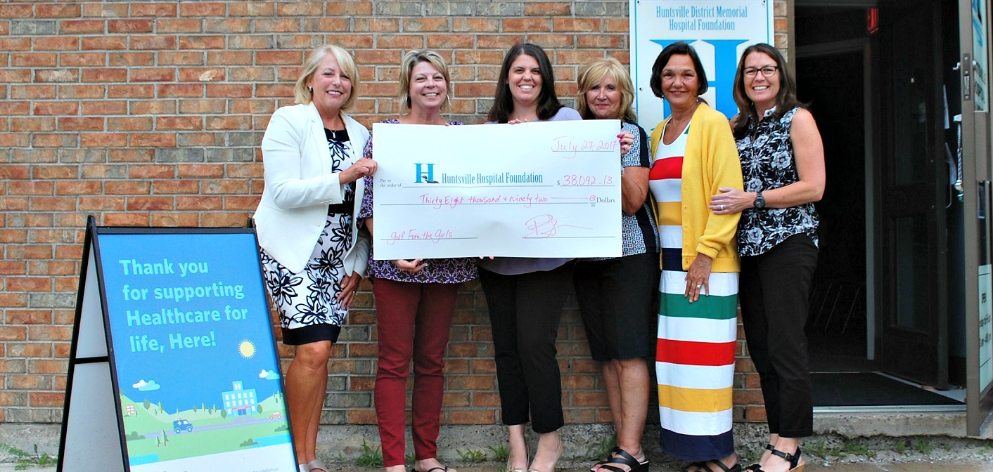 Golf Fore the Girls present a cheque to the Huntsville Hospital Foundation. (From left) Katherine Craine, Janet Markham, Reva Frame, Marian Shaw, Ramona Sullivan and Trish Kruusmagi
