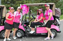 (From left) Jody Cole, Laura Kennedy, Amanda Irving and Marni Pringle show of Deerhurst Resort's new pink golf carts in support of the Huntsville Hospital Foundation