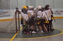 Huntsville PeeWee Hawks vs Brampton team huddle