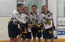 R&G Construction Peewee captains accepting Jack Bionda trophy (from left) Kean Pare, Glen Thur, Carson Robins and Daniel Clarke (supplied photo)