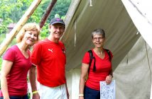 Judy Henderson, Dave Brunner, and Mary Henderson check out the outdoor exhibits in the pioneer village (Photo: Grant Gibbs)