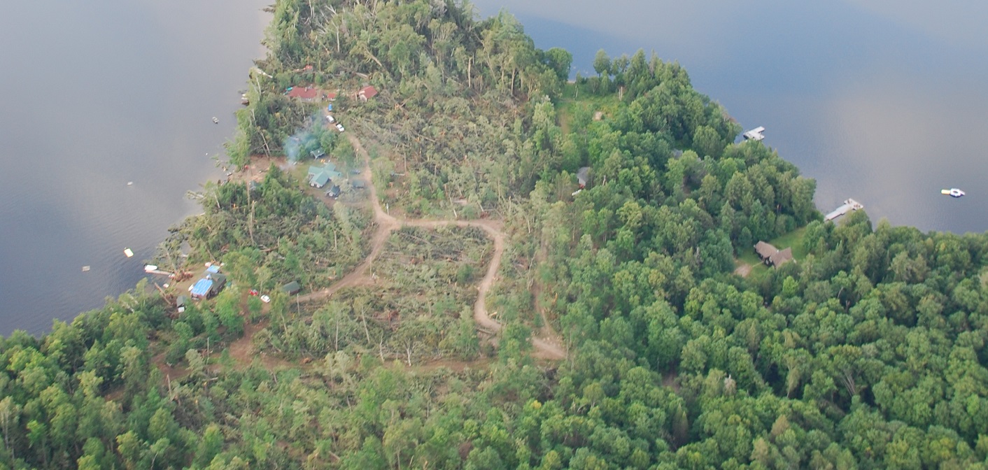 A tornado touched down in August and tore through this point of land on Bella Lake, among other locations (Photo: Brian Tapley)