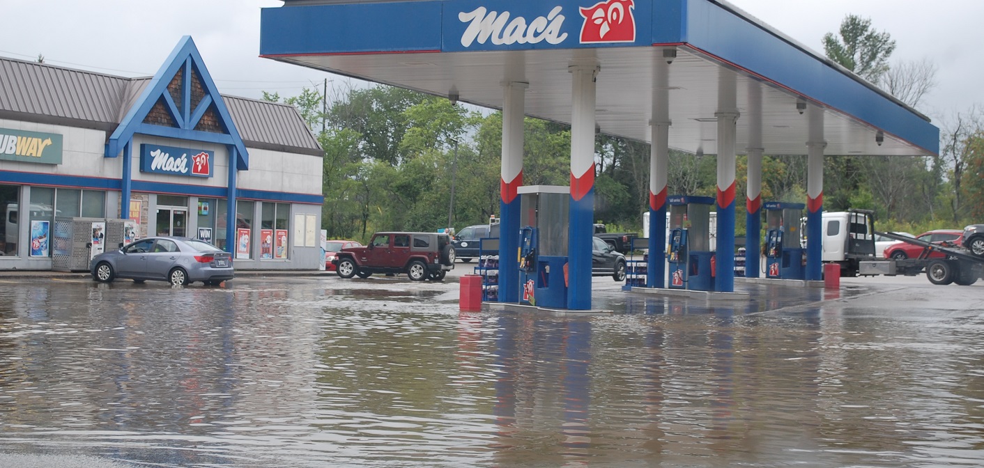 The lot at the Mac’s on West Road and Hanes Road was under water on August 22 after heavy rains