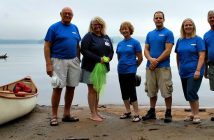 (From left) John Garlick, Tracy Badger, Jan Clark, Robert Edmonstone, Mary Wright and Paul McKinnon saw the paddlers off early this morning