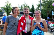 (From left) Rebecca Francis, Rob Horton and Justine Brown are all smiles after the 3km swim
