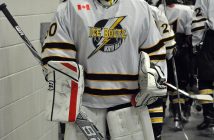 North Bay Ice Boltz Midget AA goalie #30, Charley Wing