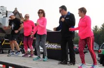 The ladies in pink, Kim Bice, Lorraine van Luit and Judy Smith get everyone warmed up.