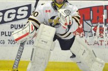 North Bay Ice Boltz Midget AA goalie #30, Charley Wing