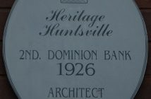 A Heritage Huntsville plaque on the existing bank building