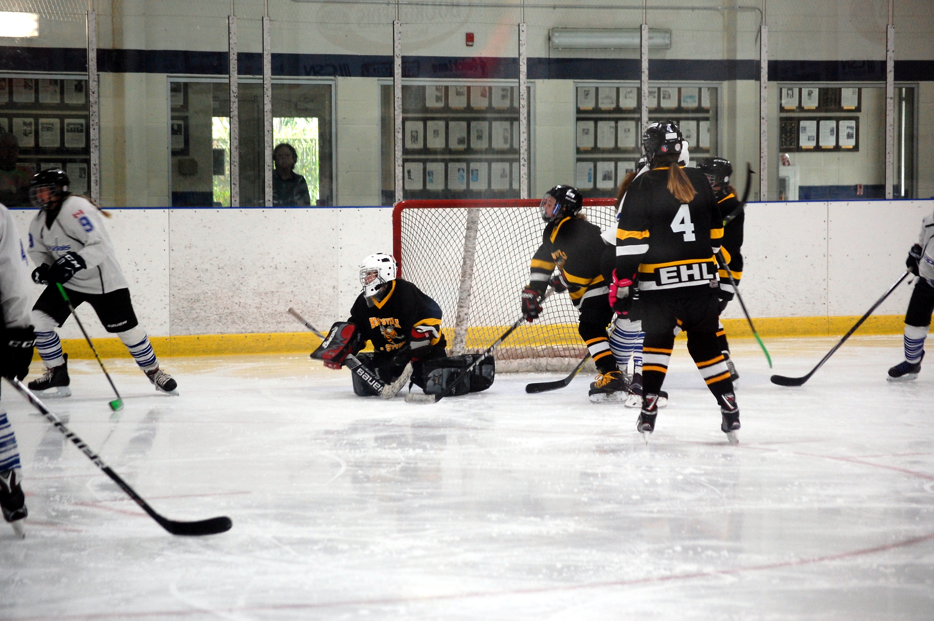 Sting goalie #7 Evangeline Parentesis looks for the puck in a game against the North Simcoe Capitals in Midland on October 21