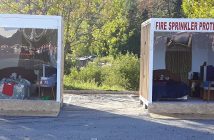 The room on the left has no sprinkler to demonstrate how quickly a fire can spread